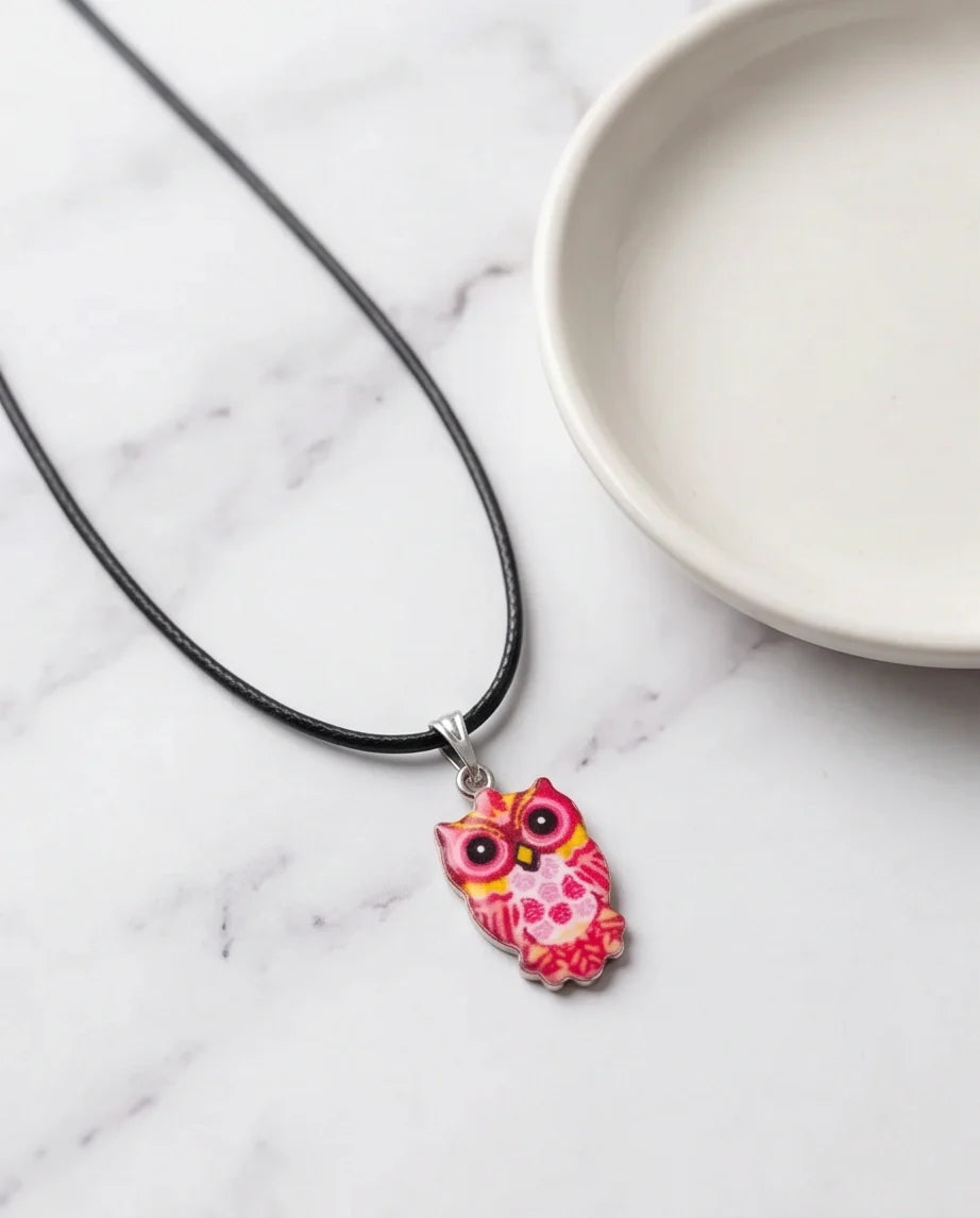 Vibrant Pink and Yellow Owl Totem Pendant Necklace