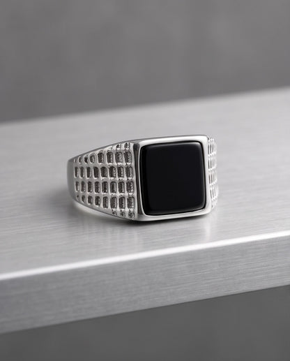 Onyx-Style Square Inlay Brick-Link Band Silver Ring