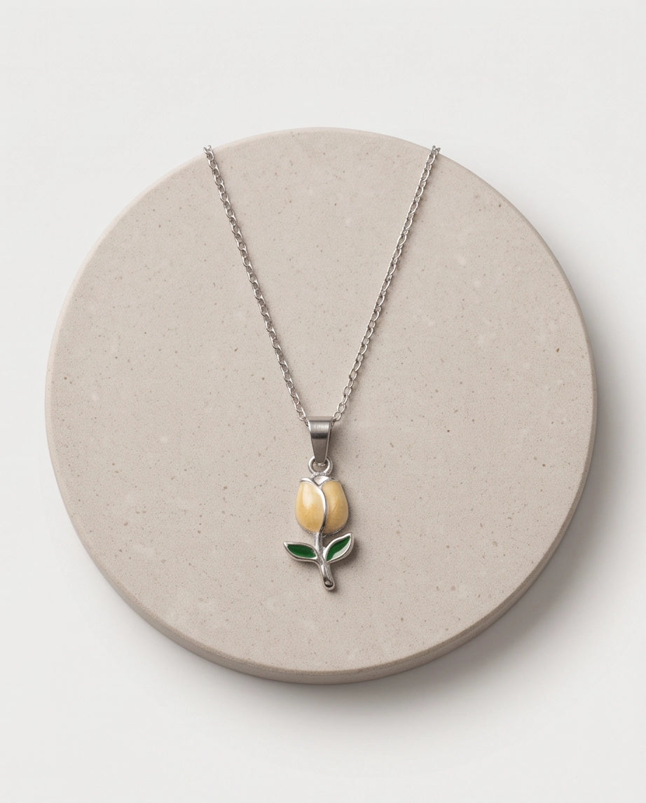 Silver Yellow Enamel Tulip Pendant Necklace