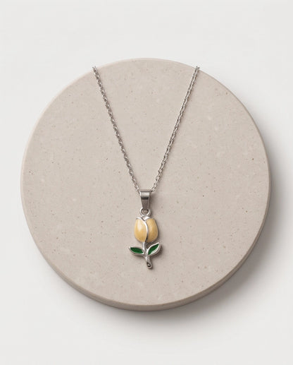 Silver Yellow Enamel Tulip Pendant Necklace