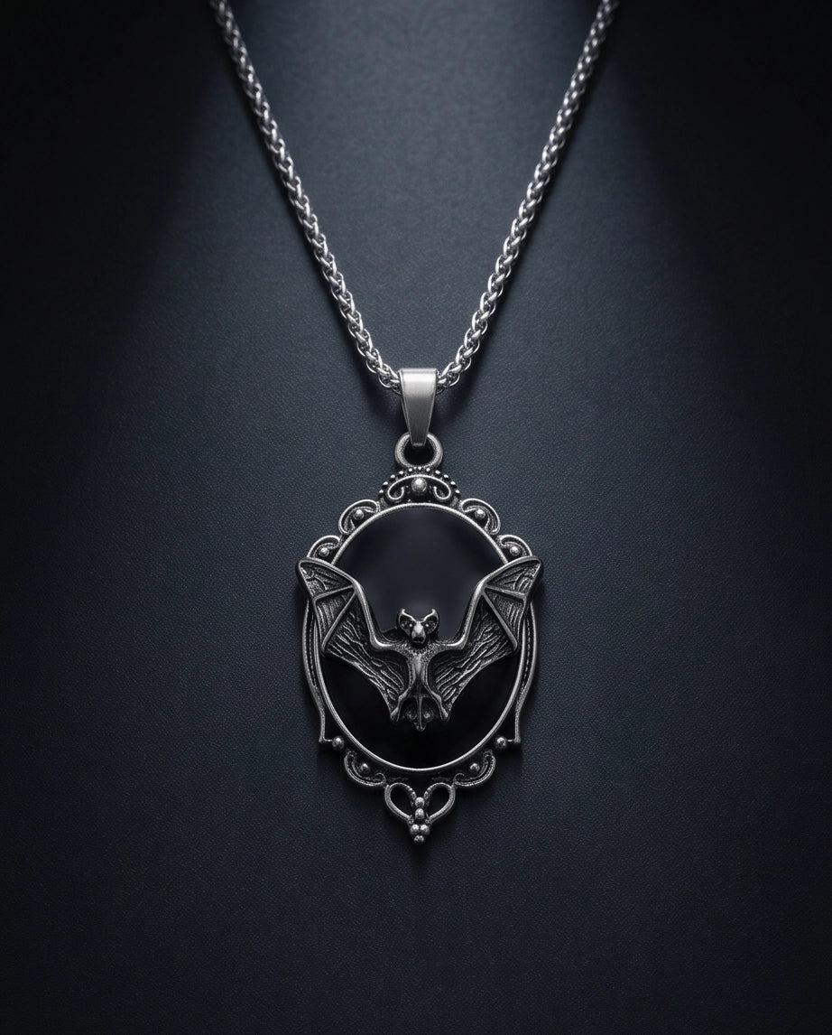Antique Silver Gothic Bat Black Enamel Medallion Chain Necklace