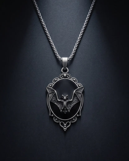 Antique Silver Gothic Bat Black Enamel Medallion Chain Necklace