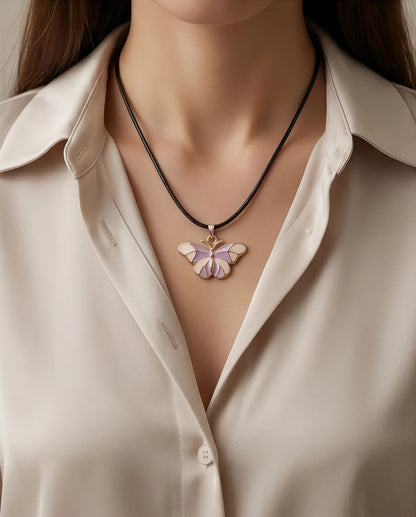 Pink & Lavender Enamel Butterfly Pendant Necklace