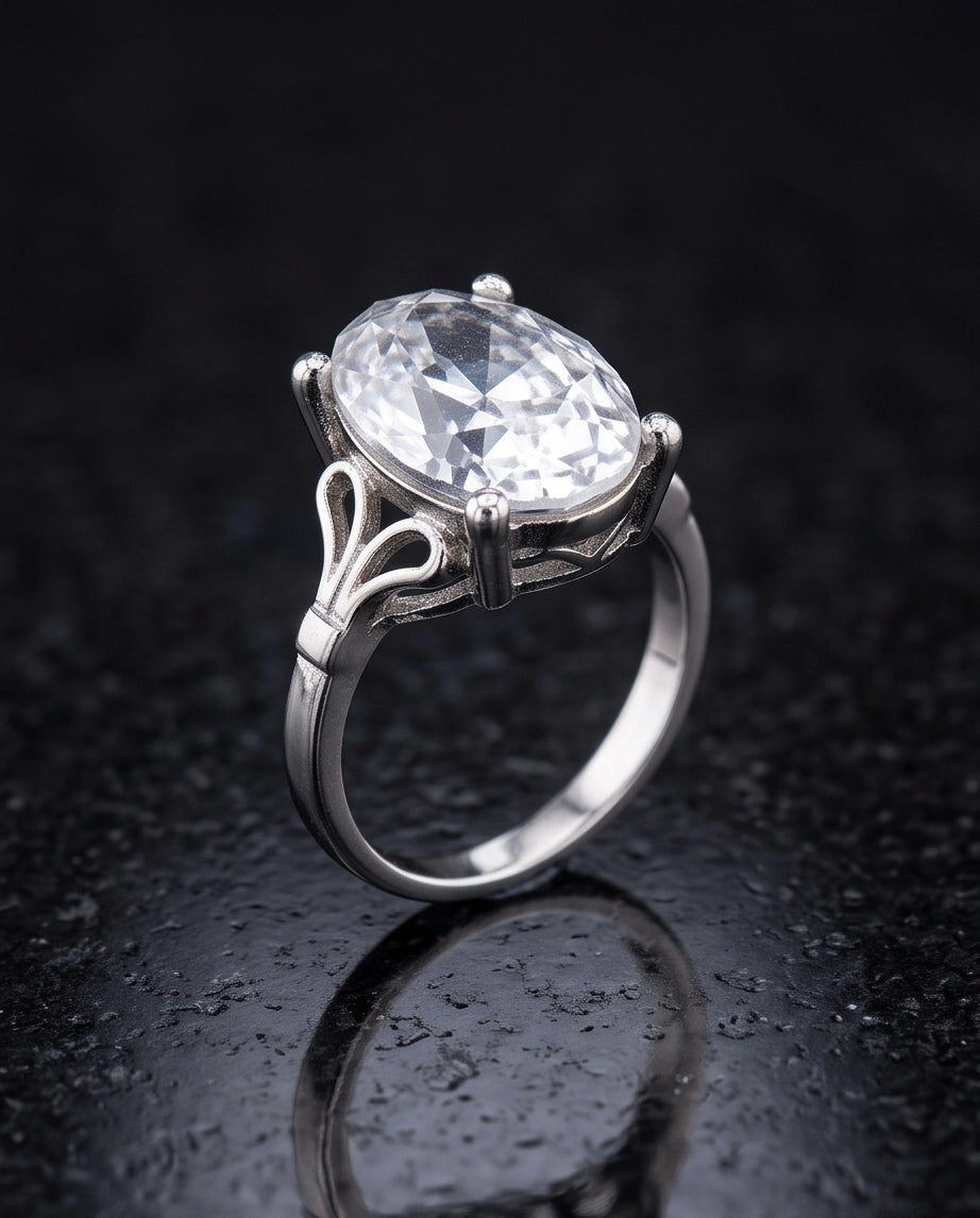 Silver Oval Clear Quartz Vintage Solitaire Ring