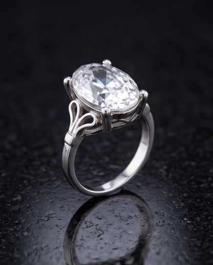 Silver Oval Clear Quartz Vintage Solitaire Ring