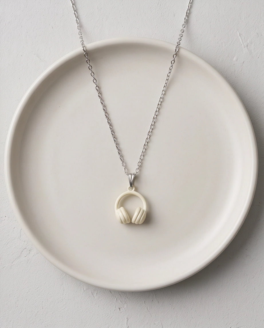 Cream White Headphones Enamel Pendant Necklace