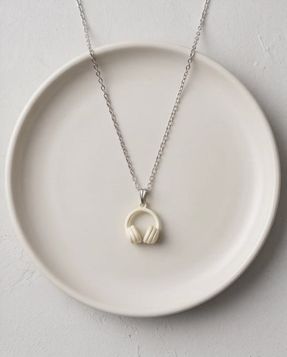 Cream White Headphones Enamel Pendant Necklace