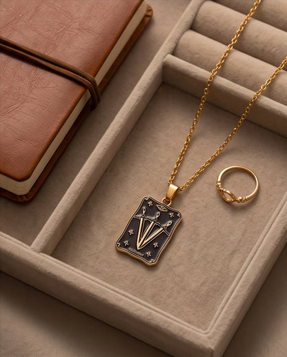 Gold "Judgement" Three Swords Tarot Card Pendant Necklace