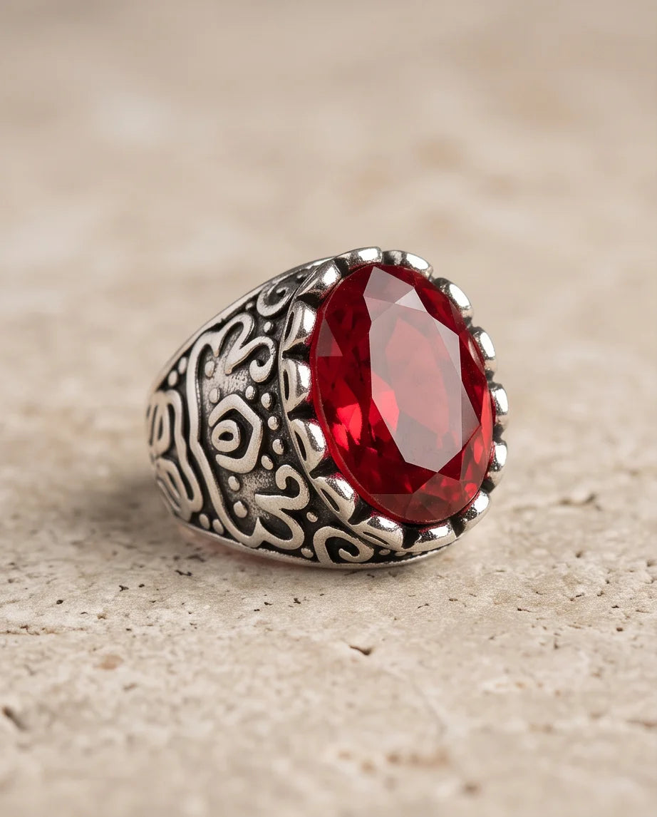Ruby Gemstone Scalloped Crown Bezel Scroll Filigree Silver Ring