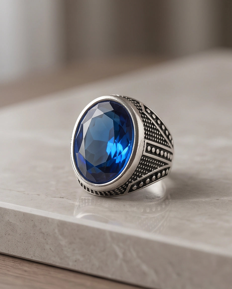 Sapphire Gemstone Beaded Smooth Bezel Chevron Stippled Silver Ring