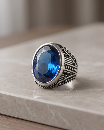 Sapphire Gemstone Beaded Smooth Bezel Chevron Stippled Silver Ring