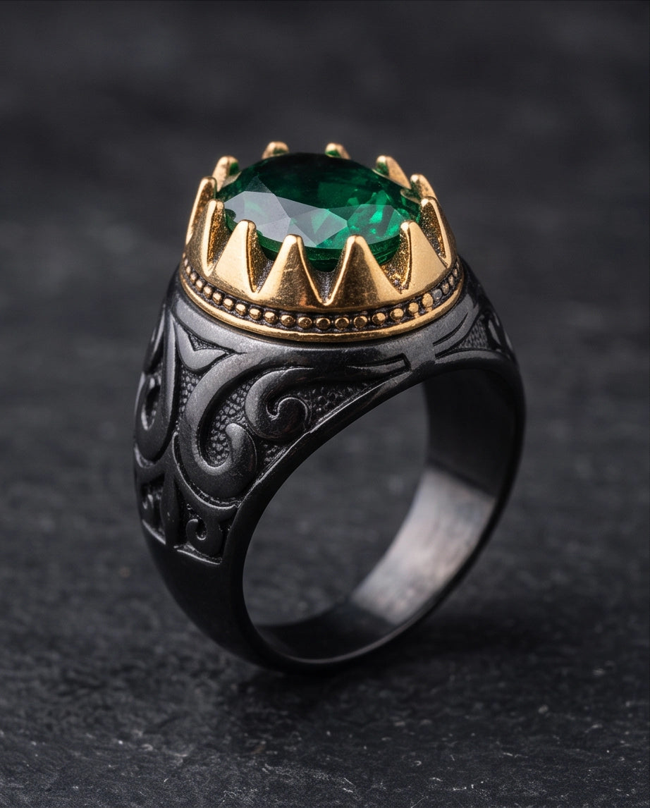 Imperial Emerald Crowned Filigree Signet Ring