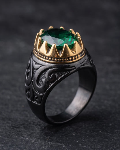 Imperial Emerald Crowned Filigree Signet Ring
