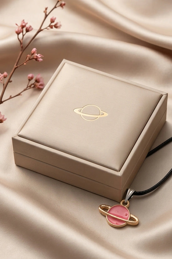 Pink Saturn Planet Enamel Pendant Necklace