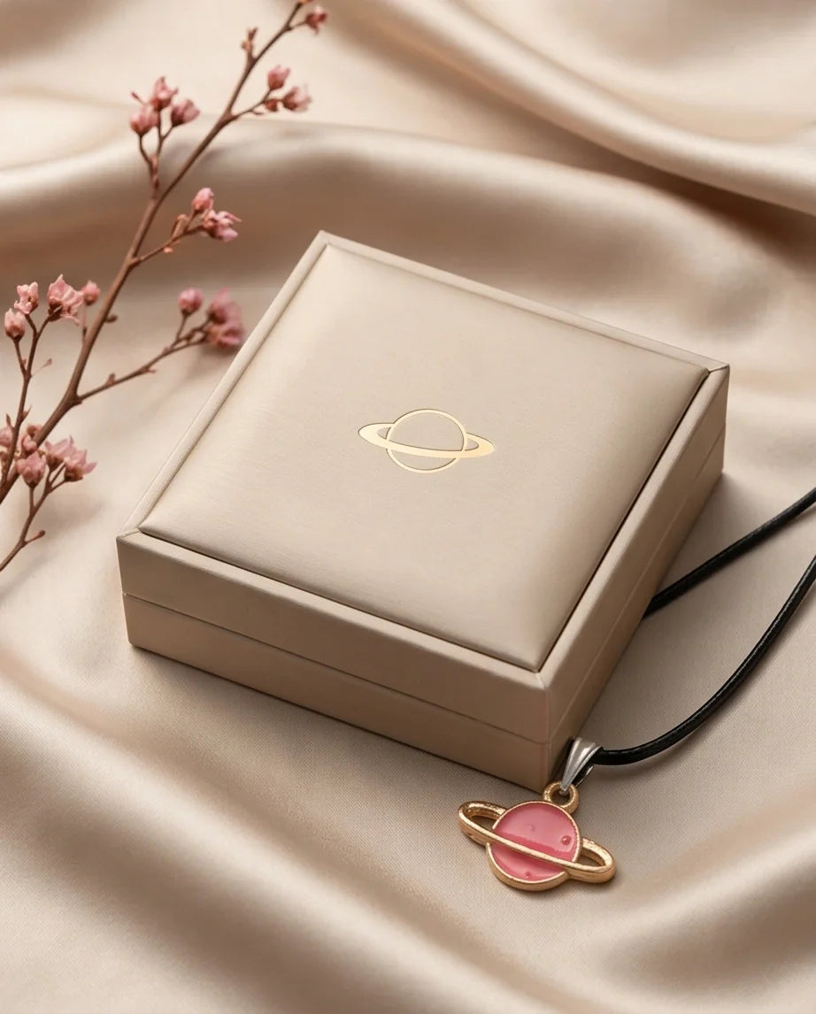 Pink Saturn Planet Enamel Pendant Necklace