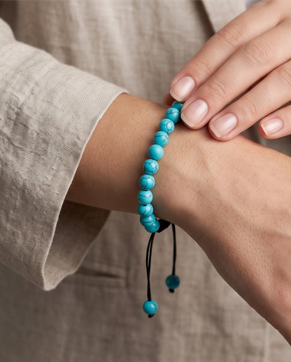 Natural Turquoise Veined Stone Beaded Adjustable Macrame Bracelet