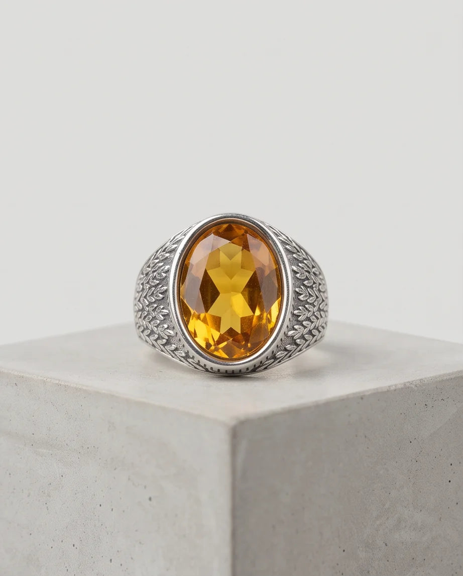 Citrine Gemstone Laurel Bezel Dragon-Scale Silver Ring