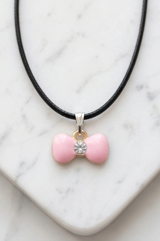 Charming Pink Bowknot Enamel Pendant Necklace with Crystal Center