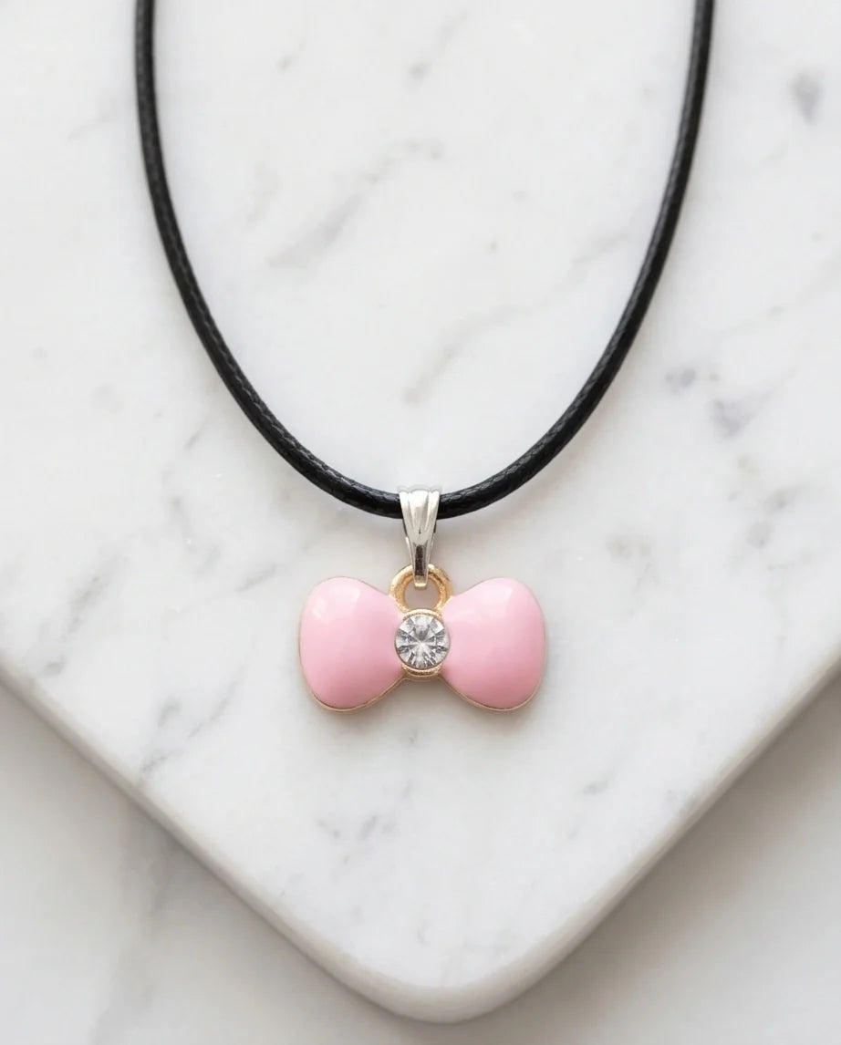 Charming Pink Bowknot Enamel Pendant Necklace with Crystal Center