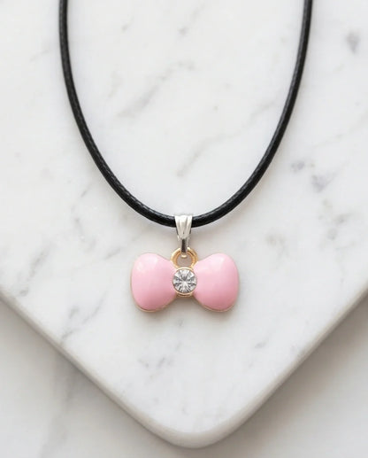 Charming Pink Bowknot Enamel Pendant Necklace with Crystal Center