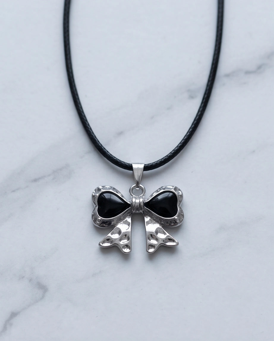 Black Enamel Ribbon Bow Pendant Necklace
