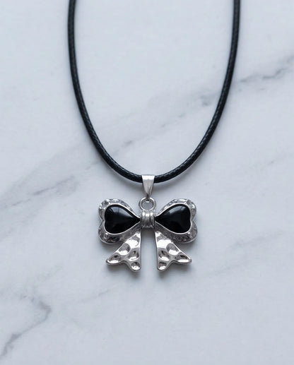 Black Enamel Ribbon Bow Pendant Necklace