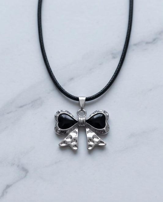 Black Enamel Ribbon Bow Pendant Necklace