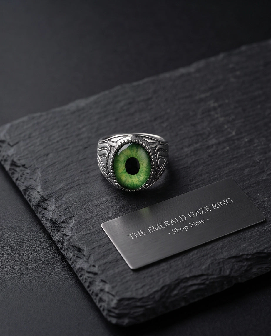 Lime-Green Elliptical-Pupil Dragon-Eye Ornate Scrollwork Silver Ring