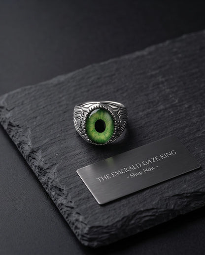 Lime-Green Elliptical-Pupil Dragon-Eye Ornate Scrollwork Silver Ring