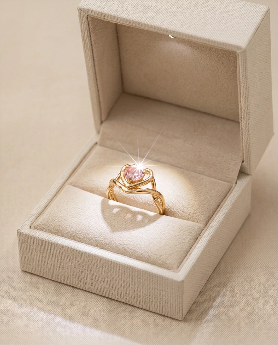Gold Pink Tourmaline Heart Openwork Ring
