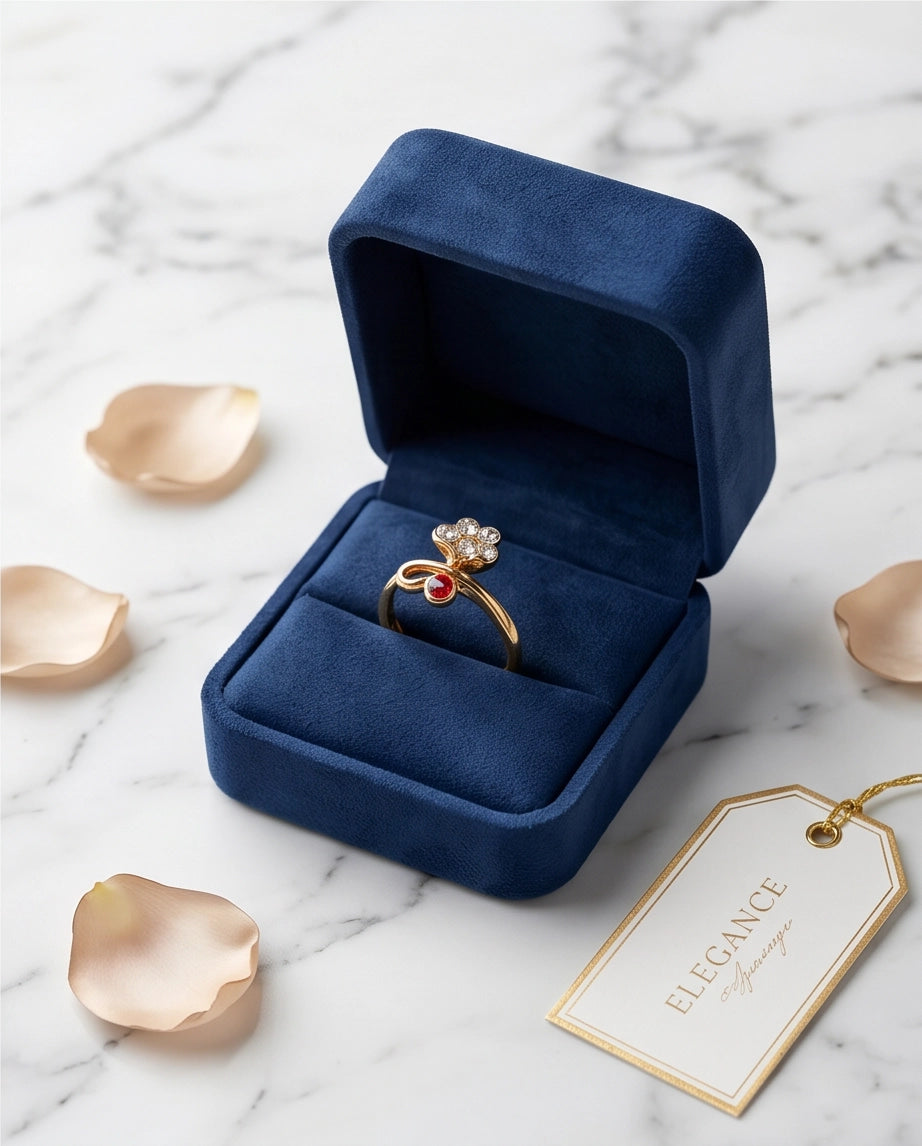 Crystal Flower & Ruby Accent Bow Ring