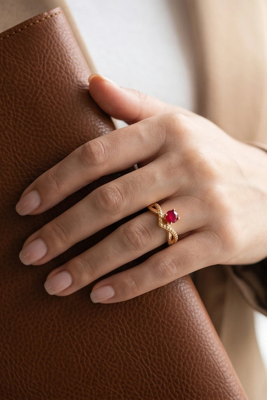 Gold Ruby Crown Chevron Statement Ring