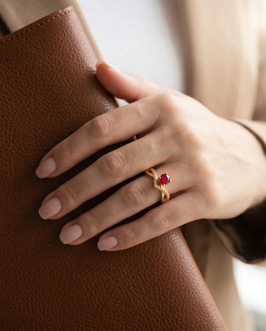 Gold Ruby Crown Chevron Statement Ring
