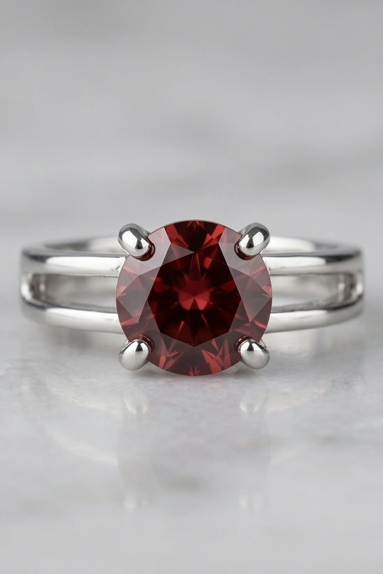 Sterling Silver Round-Cut Split Shank Garnet Red Solitaire Ring