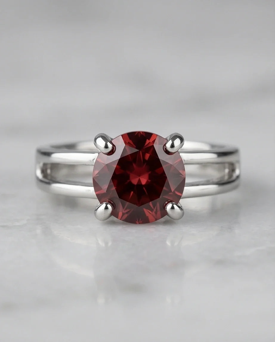 Sterling Silver Round-Cut Split Shank Garnet Red Solitaire Ring