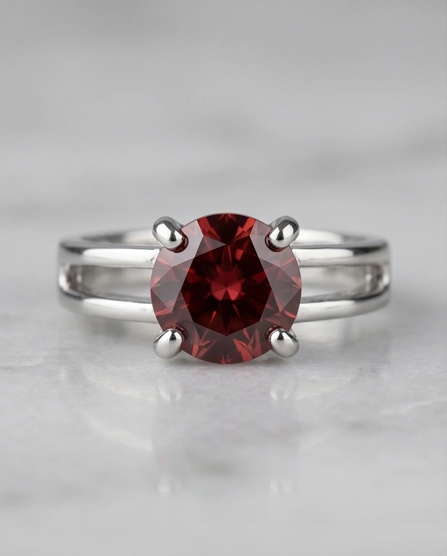 Sterling Silver Round-Cut Split Shank Garnet Red Solitaire Ring