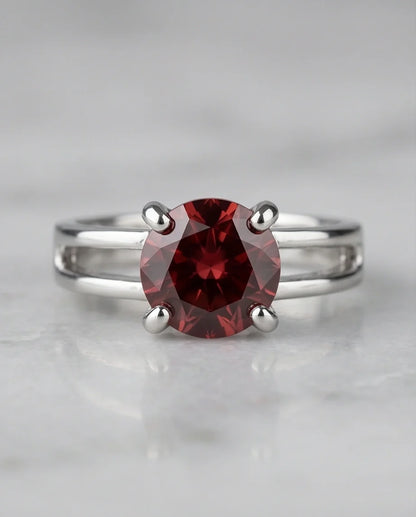 Sterling Silver Round-Cut Split Shank Garnet Red Solitaire Ring
