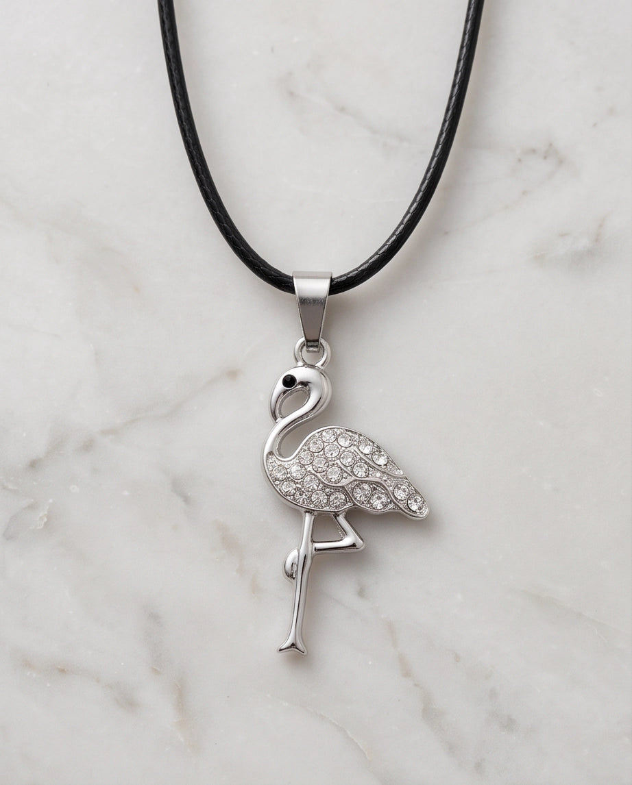 Silver Crystal Paved Flamingo Pendant Necklace