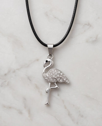 Silver Crystal Paved Flamingo Pendant Necklace
