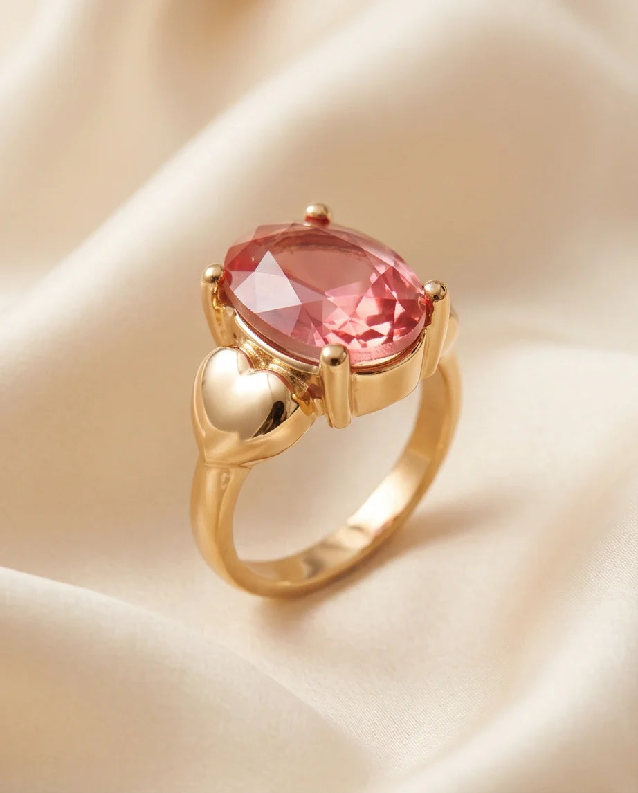 Gold Plated Pink Morganite Oval Heart Accent Ring