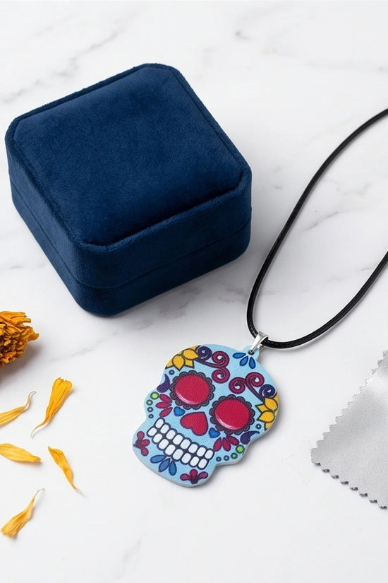 Vibrant Light Blue Sugar Skull Día de los Muertos Pendant Necklace