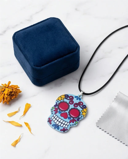 Vibrant Light Blue Sugar Skull Día de los Muertos Pendant Necklace