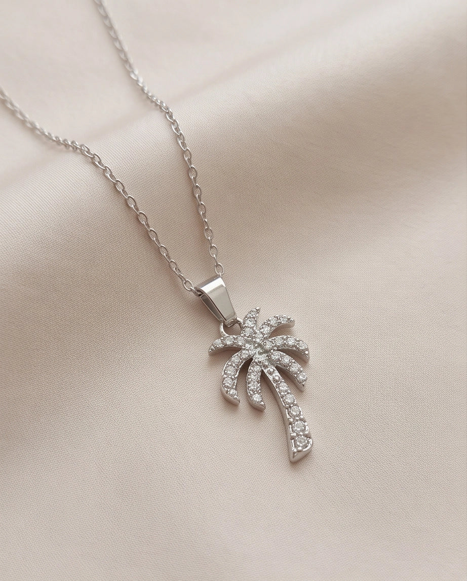 Silver Crystal Pavé Palm Tree Pendant Necklace