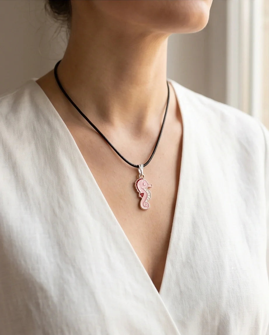 Pink Seahorse Enamel Pendant Necklace