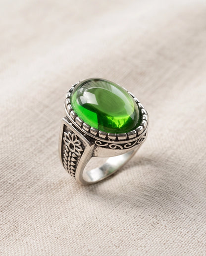 Emerald Cabochon Beaded Bezel Floral Silver Ring