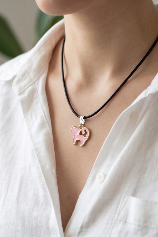 Playful Pink Cat Enamel Pendant Necklace