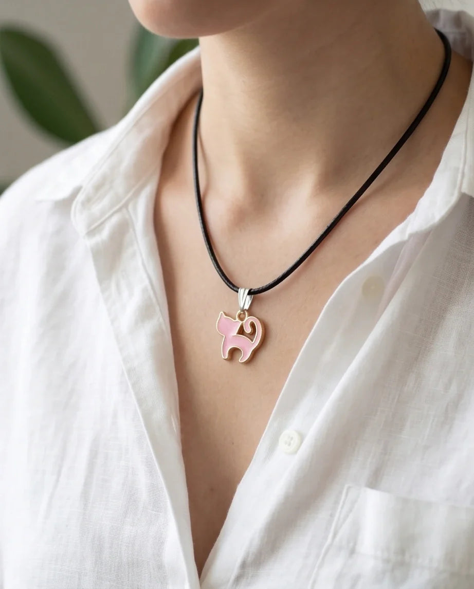 Playful Pink Cat Enamel Pendant Necklace