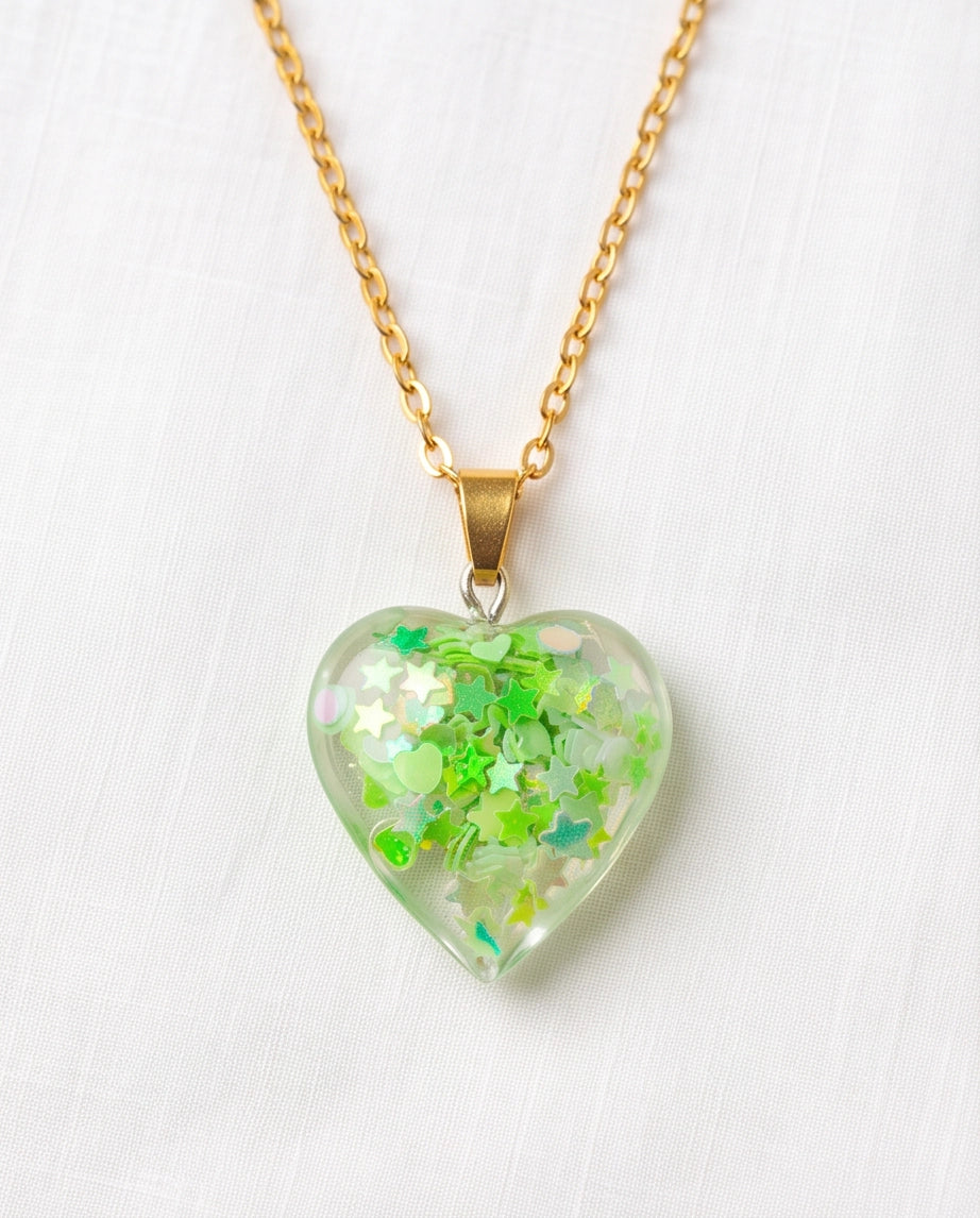 Silver Lime Green Glitter Heart Resin Pendant Necklace