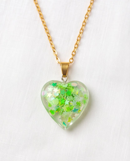 Silver Lime Green Glitter Heart Resin Pendant Necklace
