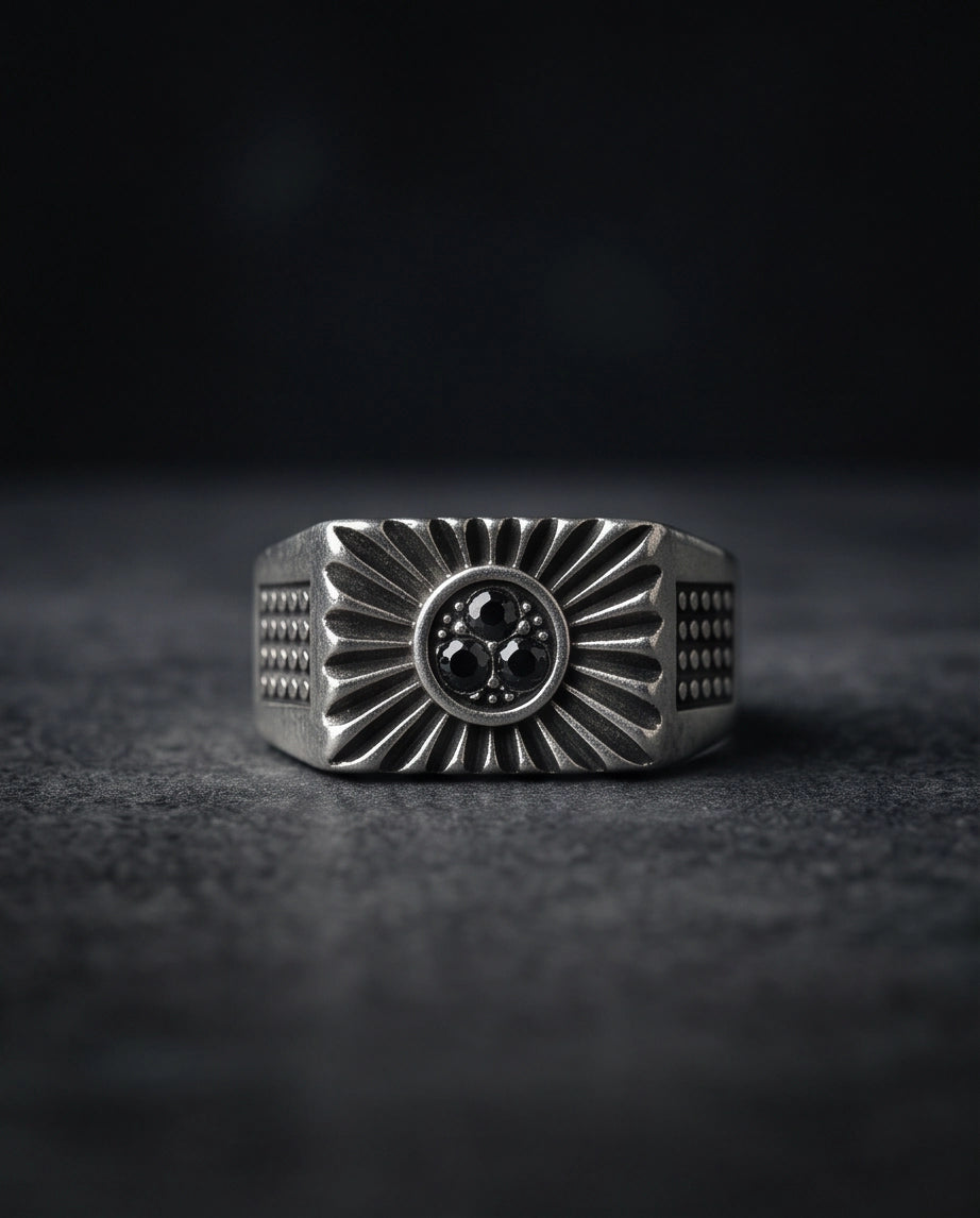 Celestial Sunburst Dark-Triple-Crystal Stippled Band Silver Ring